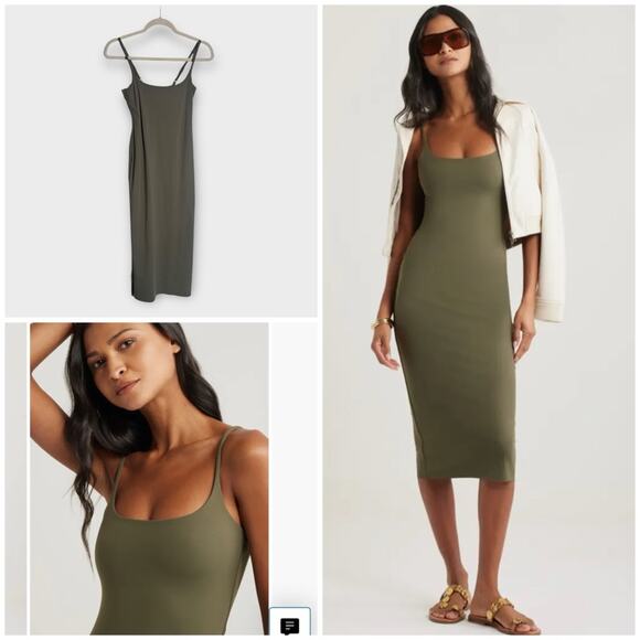 Open Edit Dresses & Skirts - NEW Open Edit Smooth Edit Strappy Midi Slipdress, Olive Green Midi Dress, XS